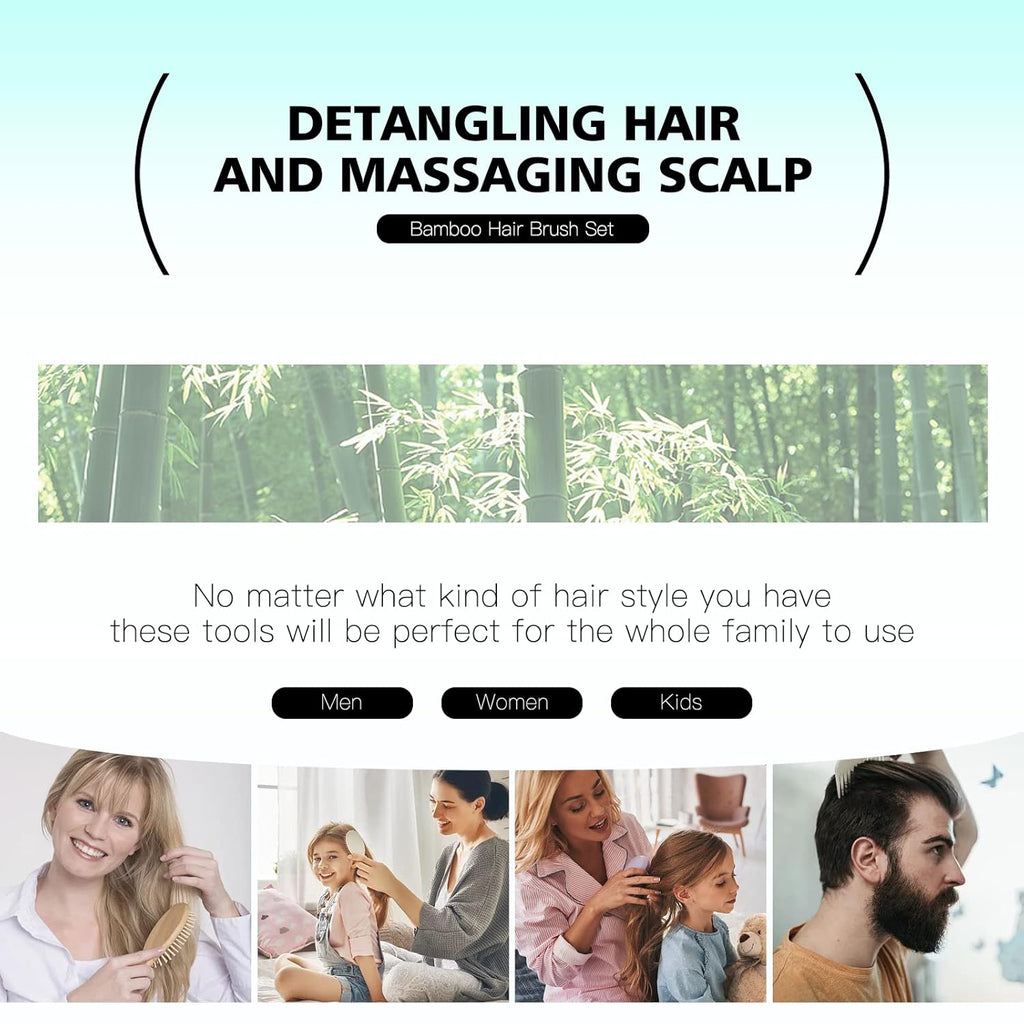 Combeter Bamboo Hair Brush and Comb Set (4PCS) – Natural & Eco-Friendly Detangler Comb for Women, Men & Kid, Reduces Frizz, Promotes Healthy Hair Growth – Wooden Paddle Brush with Scalp Massage
