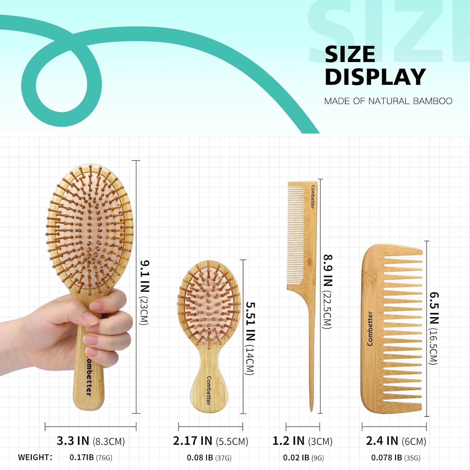 Combeter Bamboo Hair Brush and Comb Set (4PCS) – Natural & Eco-Friendly Detangler Comb for Women, Men & Kid, Reduces Frizz, Promotes Healthy Hair Growth – Wooden Paddle Brush with Scalp Massage