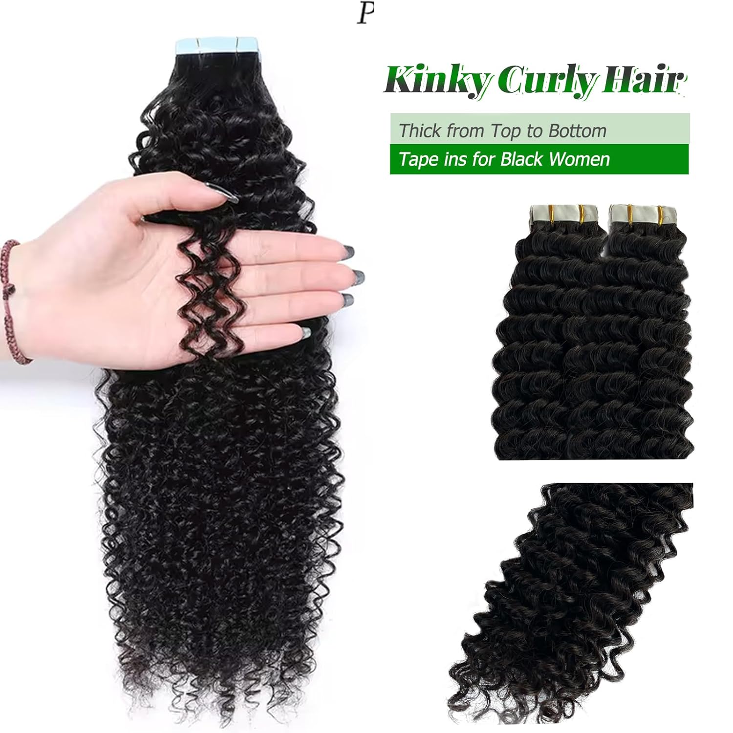 Kinky Curly Tape in Hair Extensions Human Hair, Natural Black Real Human Hair Tape ins for Black Women Double Sided 14 Inch Kinky Curly Hair Tape in Extensions 50g 20pcs