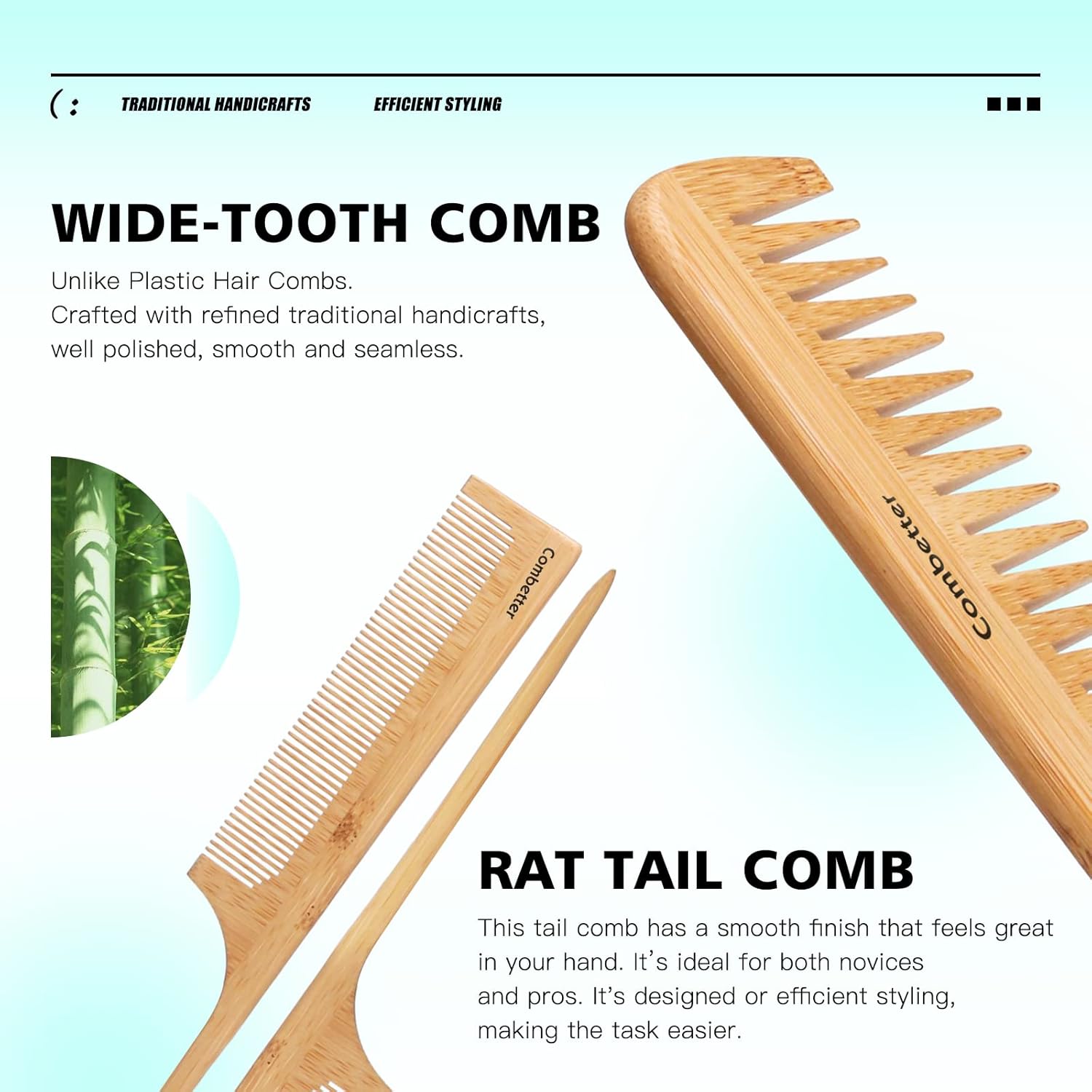 Combeter Bamboo Hair Brush and Comb Set (4PCS) – Natural & Eco-Friendly Detangler Comb for Women, Men & Kid, Reduces Frizz, Promotes Healthy Hair Growth – Wooden Paddle Brush with Scalp Massage
