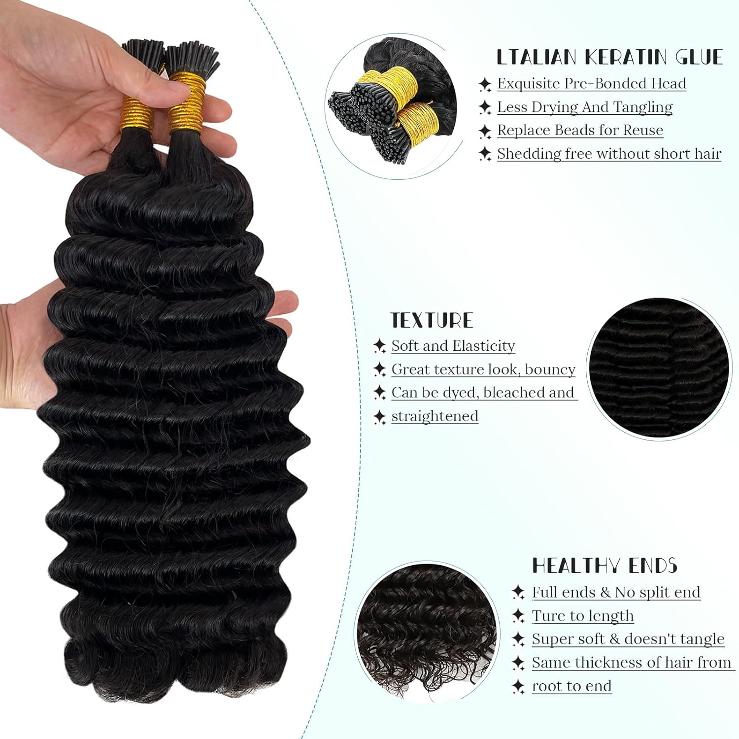 I Tip Hair Extensions Human Hair Deep Wave Microlink Hair Extensions Brazilian Virgin Hair Cold Fusion Stick Tip Extension Full Ends 50g 100 Strands 14 Inch