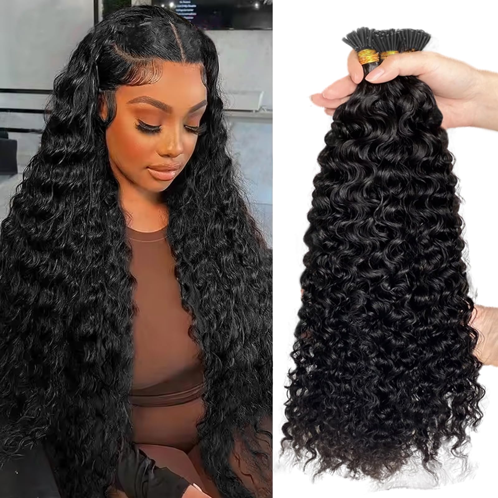 I Tip Hair Extensions Human Hair Deep Wave Microlink Hair Extensions Brazilian Virgin Hair Cold Fusion Stick Tip Extension Full Ends 50g 100 Strands 14 Inch
