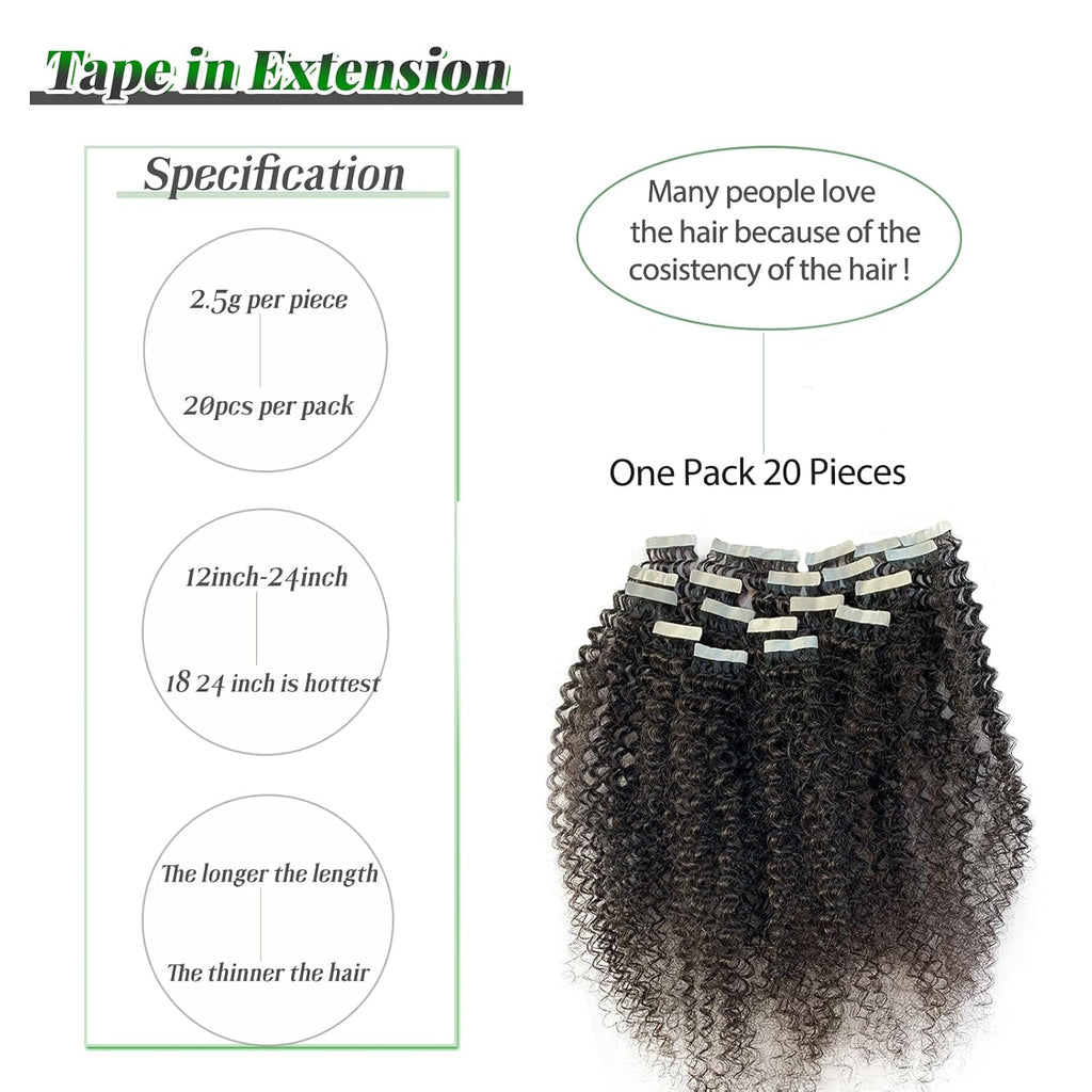 Kinky Curly Tape in Hair Extensions Human Hair, Natural Black Real Human Hair Tape ins for Black Women Double Sided 14 Inch Kinky Curly Hair Tape in Extensions 50g 20pcs