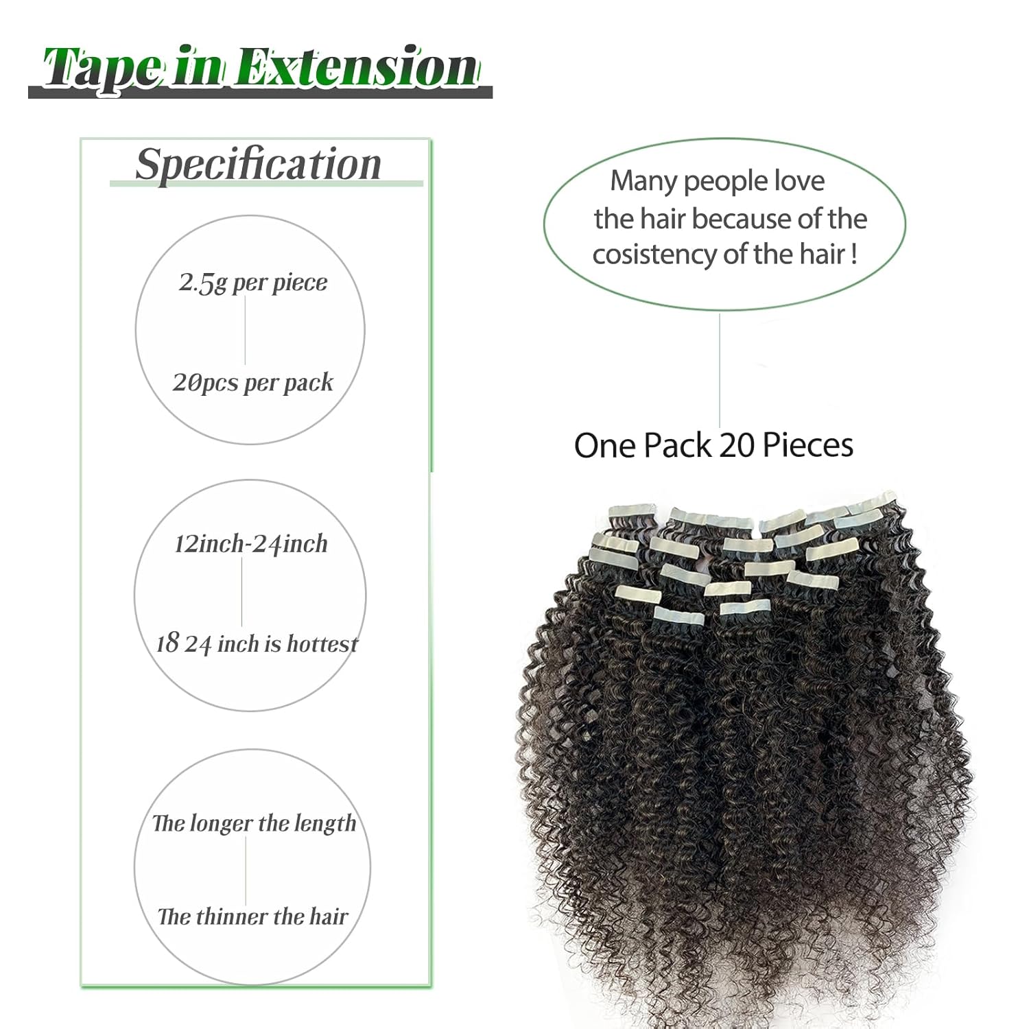 Kinky Curly Tape in Hair Extensions Human Hair, Natural Black Real Human Hair Tape ins for Black Women Double Sided 14 Inch Kinky Curly Hair Tape in Extensions 50g 20pcs
