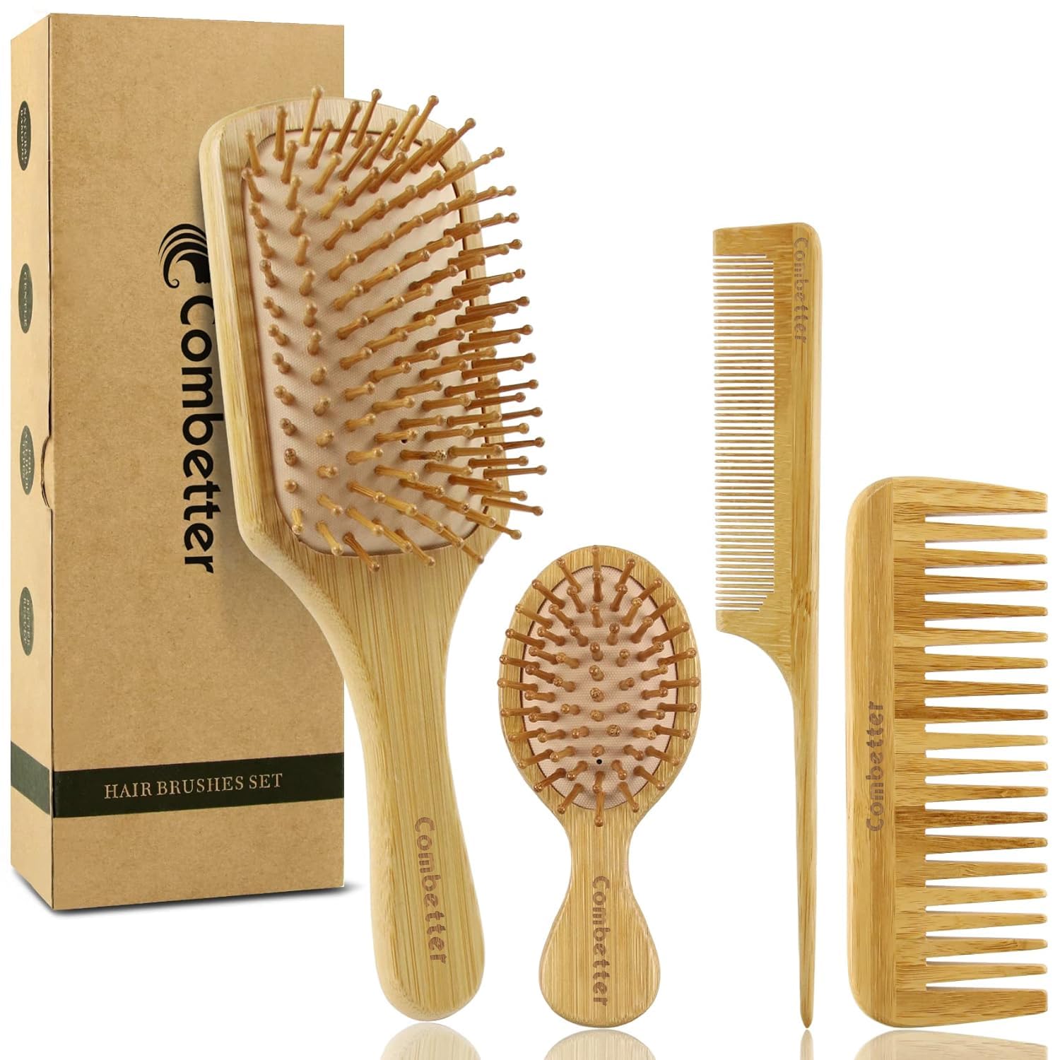 Combeter Bamboo Hair Brush and Comb Set (4PCS) – Natural & Eco-Friendly Detangler Comb for Women, Men & Kid, Reduces Frizz, Promotes Healthy Hair Growth – Wooden Paddle Brush with Scalp Massage