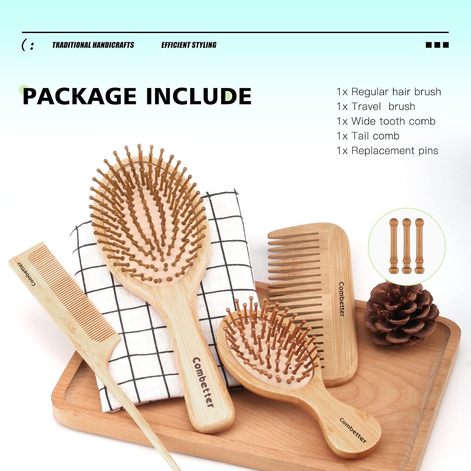 Combeter Bamboo Hair Brush and Comb Set (4PCS) – Natural & Eco-Friendly Detangler Comb for Women, Men & Kid, Reduces Frizz, Promotes Healthy Hair Growth – Wooden Paddle Brush with Scalp Massage