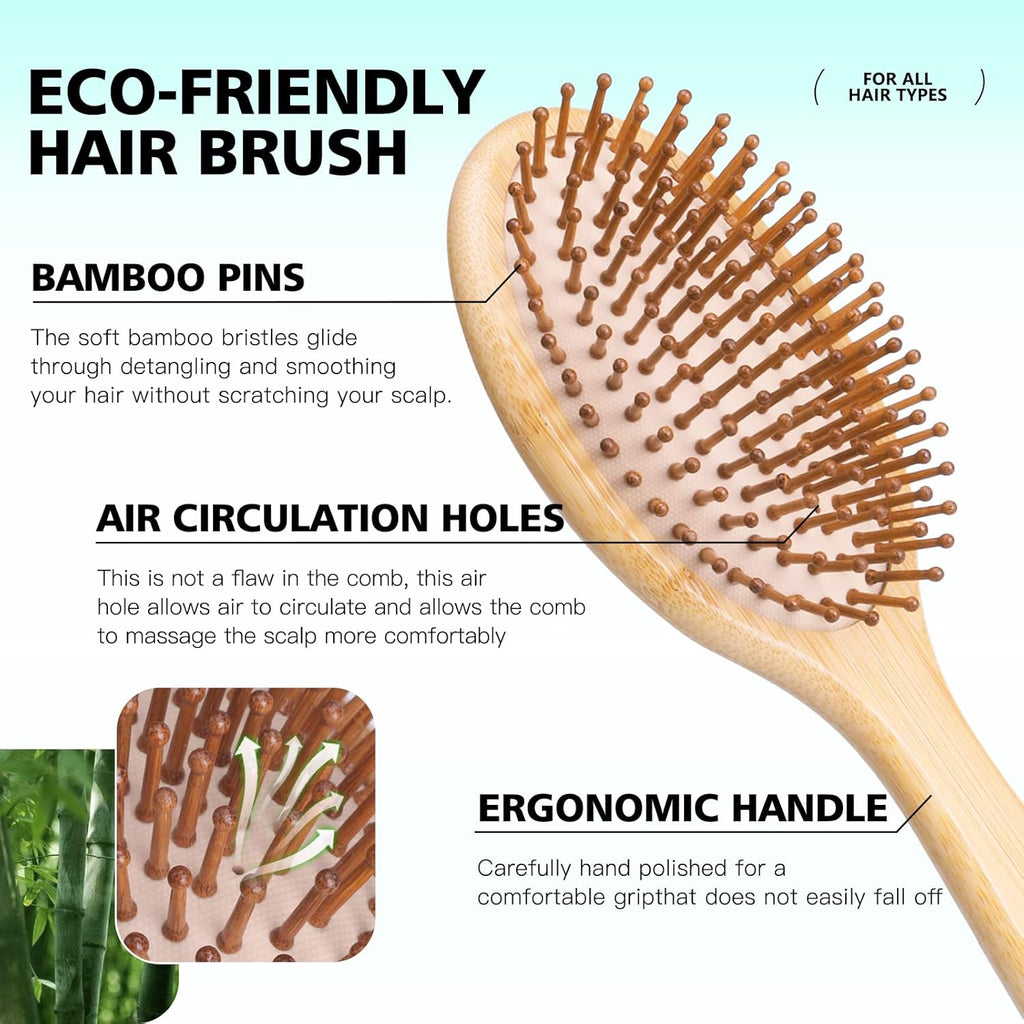 Combeter Bamboo Hair Brush and Comb Set (4PCS) – Natural & Eco-Friendly Detangler Comb for Women, Men & Kid, Reduces Frizz, Promotes Healthy Hair Growth – Wooden Paddle Brush with Scalp Massage