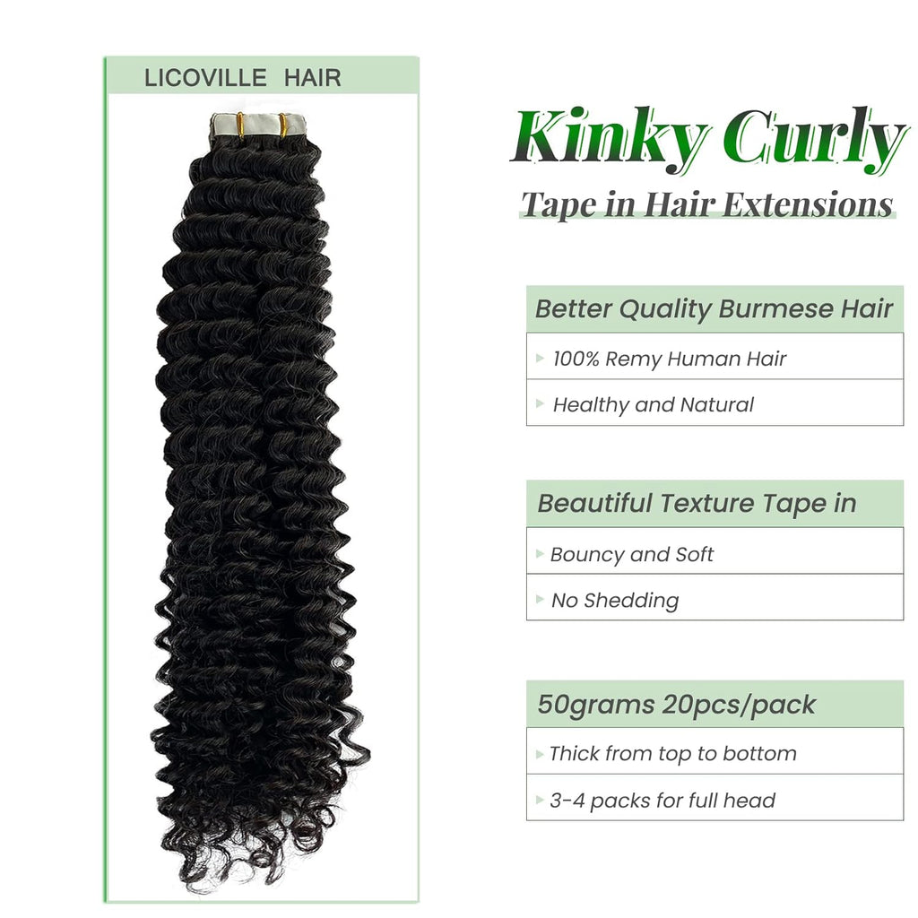 Kinky Curly Tape in Hair Extensions Human Hair, Natural Black Real Human Hair Tape ins for Black Women Double Sided 14 Inch Kinky Curly Hair Tape in Extensions 50g 20pcs