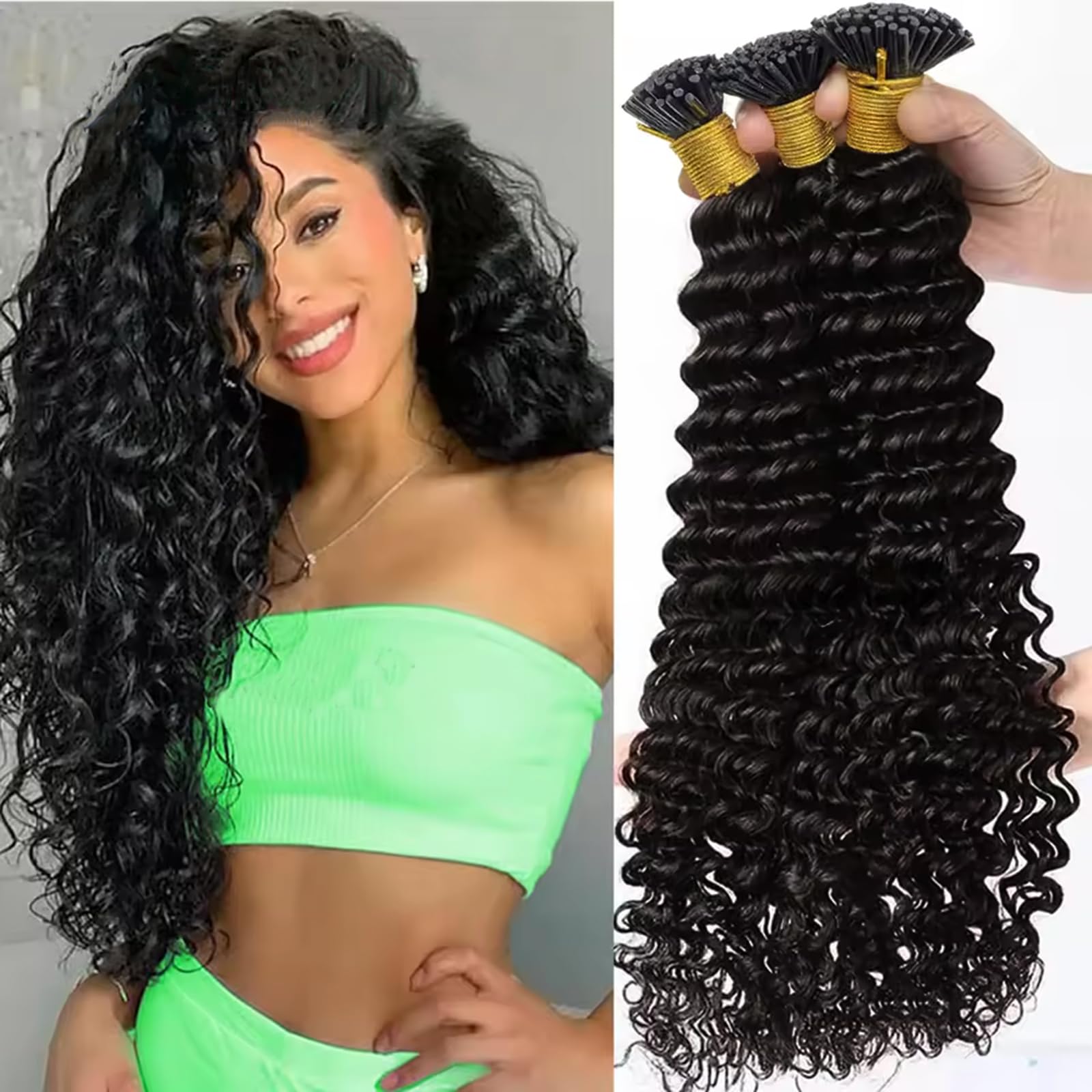 I Tip Hair Extensions Human Hair Deep Wave Microlink Hair Extensions Brazilian Virgin Hair Cold Fusion Stick Tip Extension Full Ends 50g 100 Strands 14 Inch