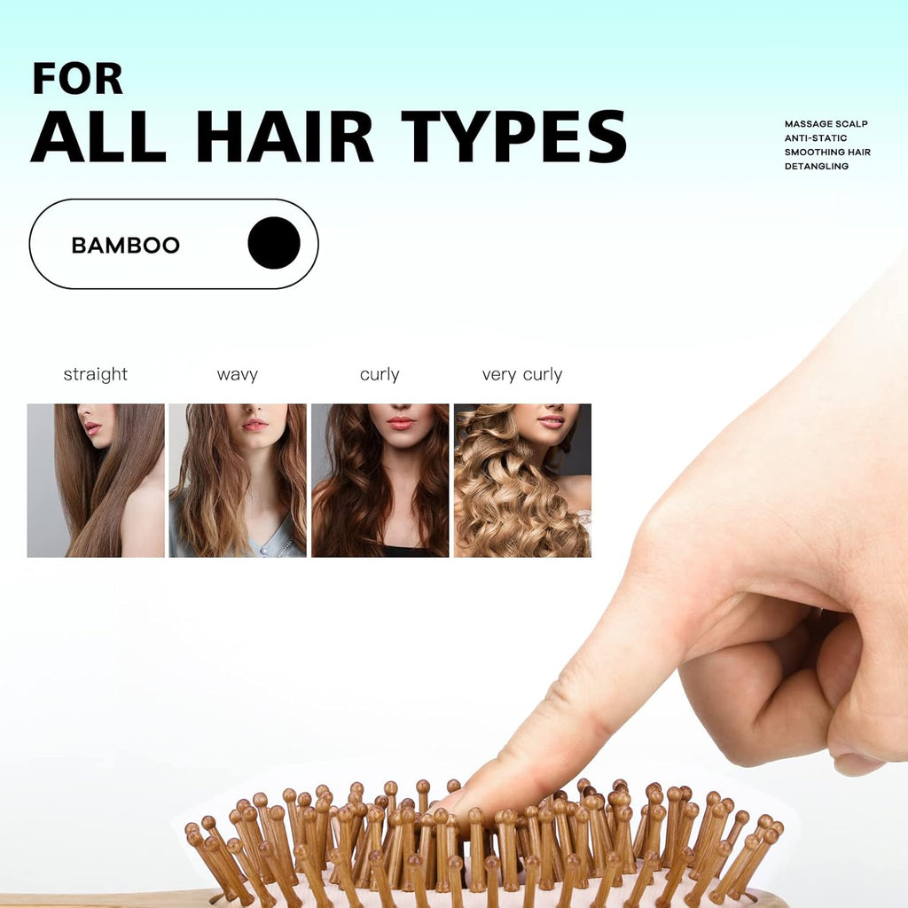 Combeter Bamboo Hair Brush and Comb Set (4PCS) – Natural & Eco-Friendly Detangler Comb for Women, Men & Kid, Reduces Frizz, Promotes Healthy Hair Growth – Wooden Paddle Brush with Scalp Massage