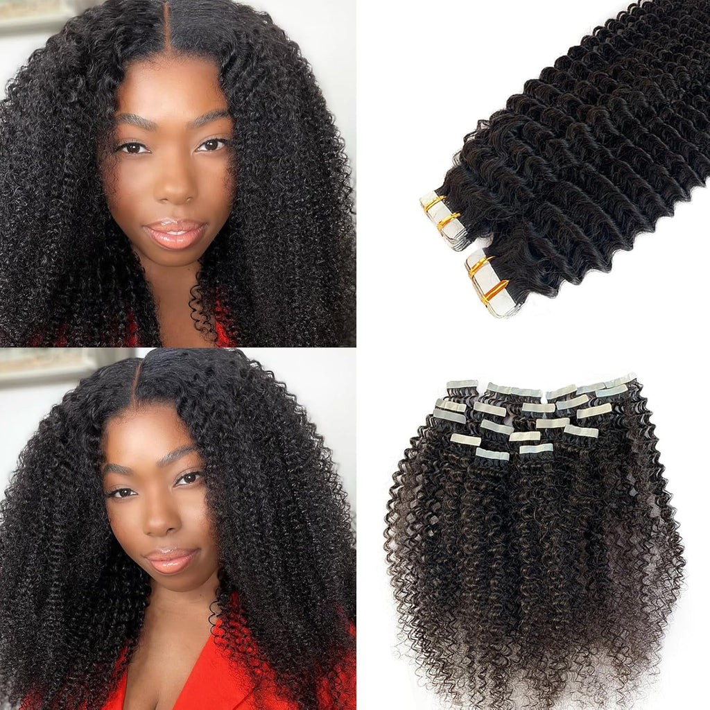 Kinky Curly Tape in Hair Extensions Human Hair, Natural Black Real Human Hair Tape ins for Black Women Double Sided 14 Inch Kinky Curly Hair Tape in Extensions 50g 20pcs